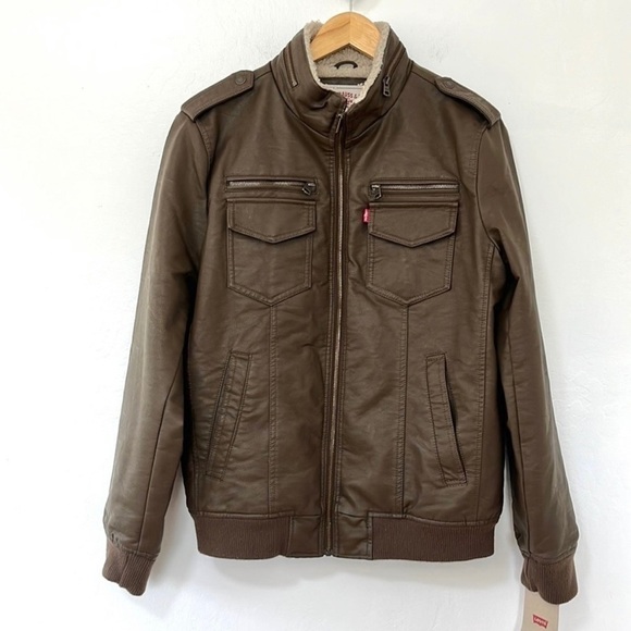 Levi’s Mens Faux Leather Sherpa Lined Aviator Bomber Jacket Size M Brown NWT - Picture 2 of 9
